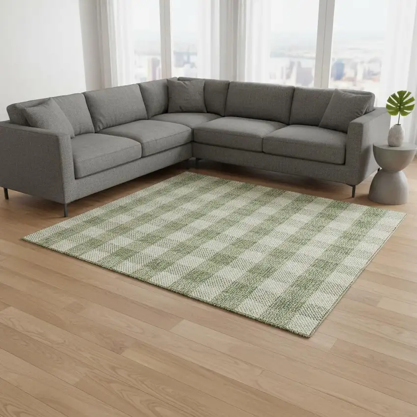 Green And Ivory Plaid Washable Area Rug With UV Protection Photo 2