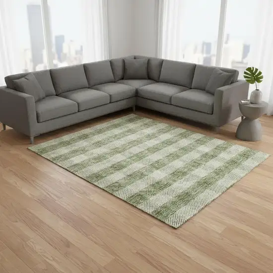 Green And Ivory Plaid Washable Area Rug With UV Protection Photo 2