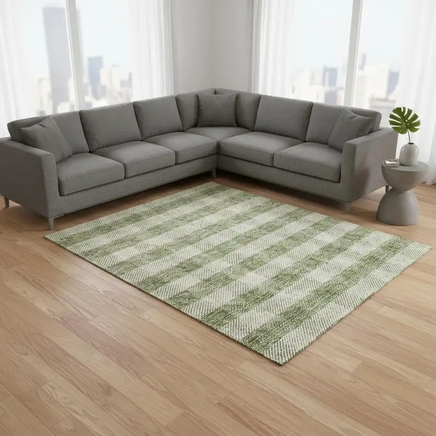 Green And Ivory Plaid Washable Area Rug With UV Protection Photo 2