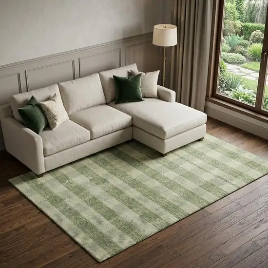 Green And Ivory Plaid Washable Area Rug With UV Protection Photo 1