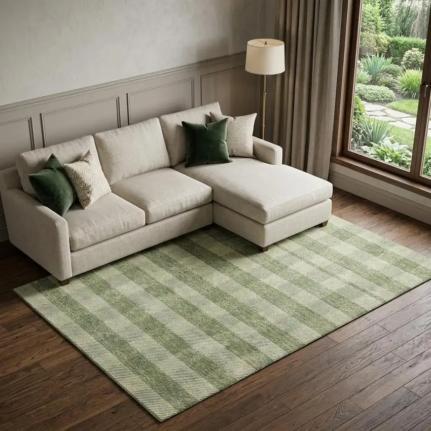 Green And Ivory Plaid Washable Area Rug With UV Protection Photo 1