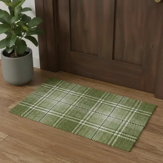 Green And Ivory Plaid Washable Area Rug With UV Protection Photo 1