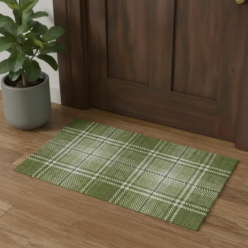 Green And Ivory Plaid Washable Area Rug With UV Protection Photo 1