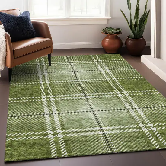 Green And Ivory Plaid Washable Area Rug With UV Protection Photo 4