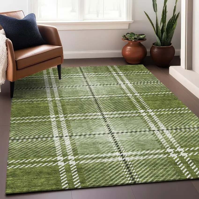 Green And Ivory Plaid Washable Area Rug With UV Protection Photo 4