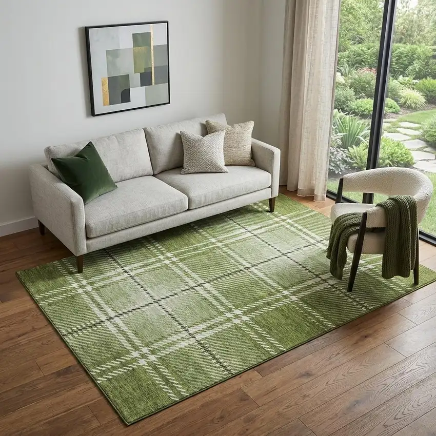 Green And Ivory Plaid Washable Area Rug With UV Protection Photo 1