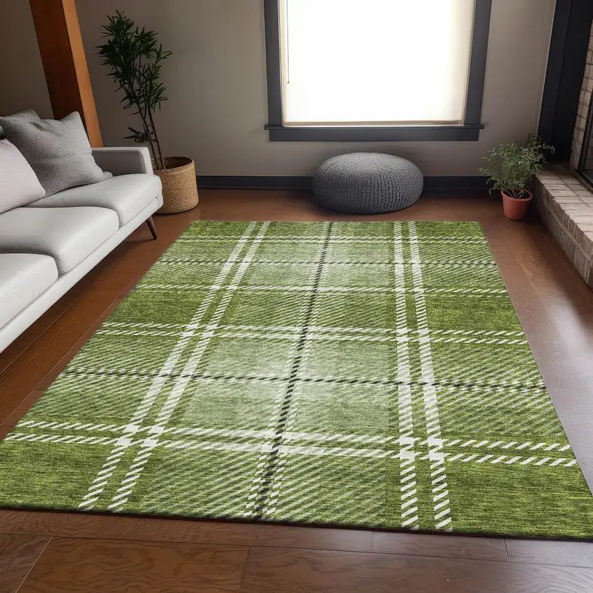Green And Ivory Plaid Washable Area Rug With UV Protection Photo 5
