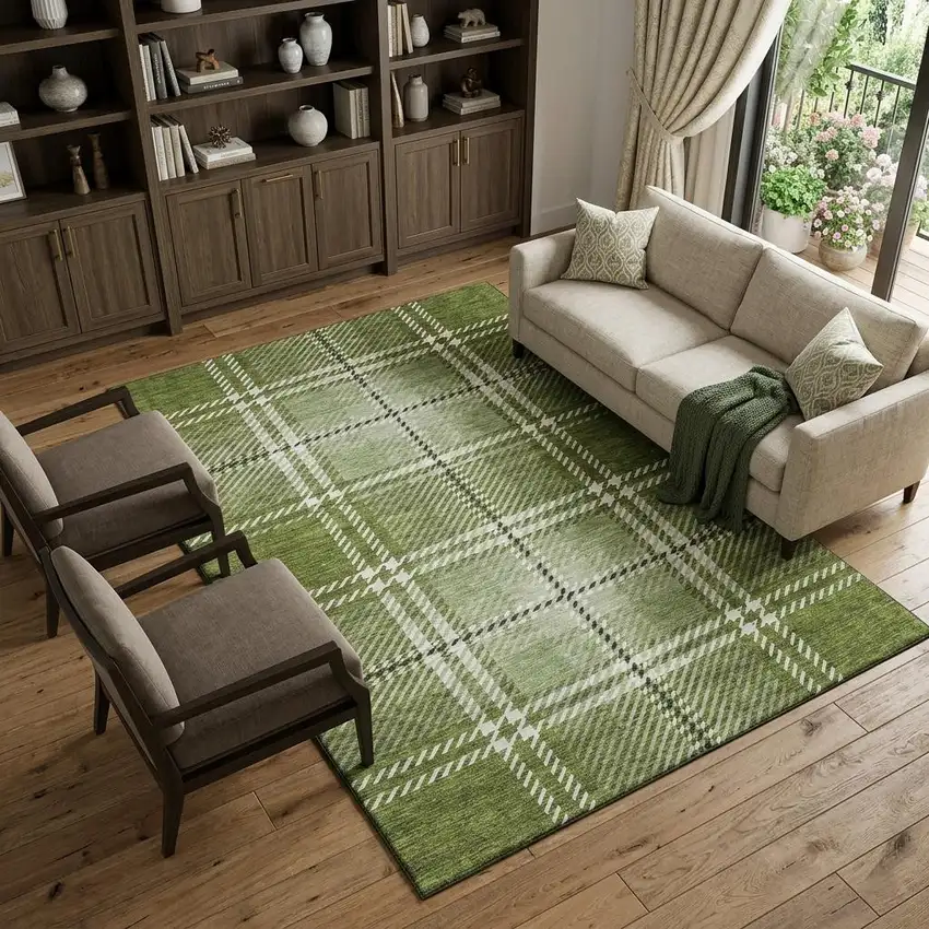 Green And Ivory Plaid Washable Area Rug With UV Protection Photo 1