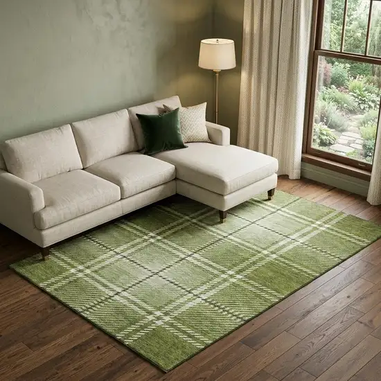 Green And Ivory Plaid Washable Area Rug With UV Protection Photo 1