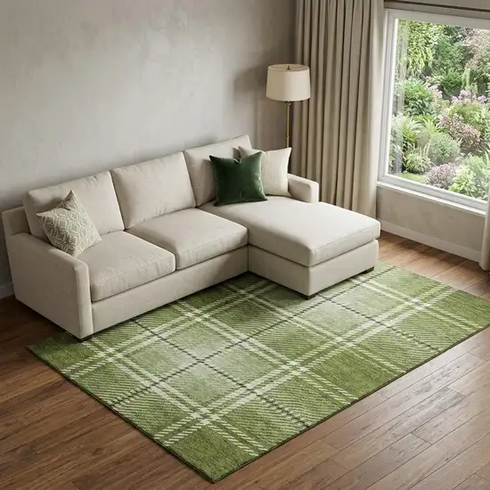Green And Ivory Plaid Washable Area Rug With UV Protection Photo 1