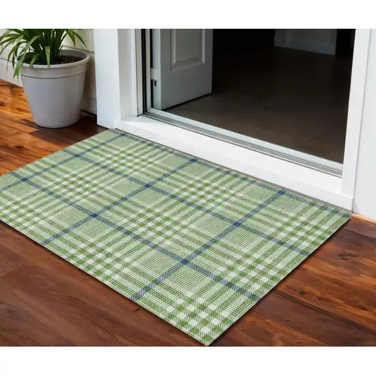 Green And Ivory Plaid Washable Indoor Outdoor Area Rug Photo 1