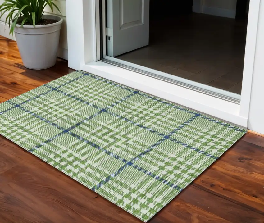 Green And Ivory Plaid Washable Indoor Outdoor Area Rug Photo 1