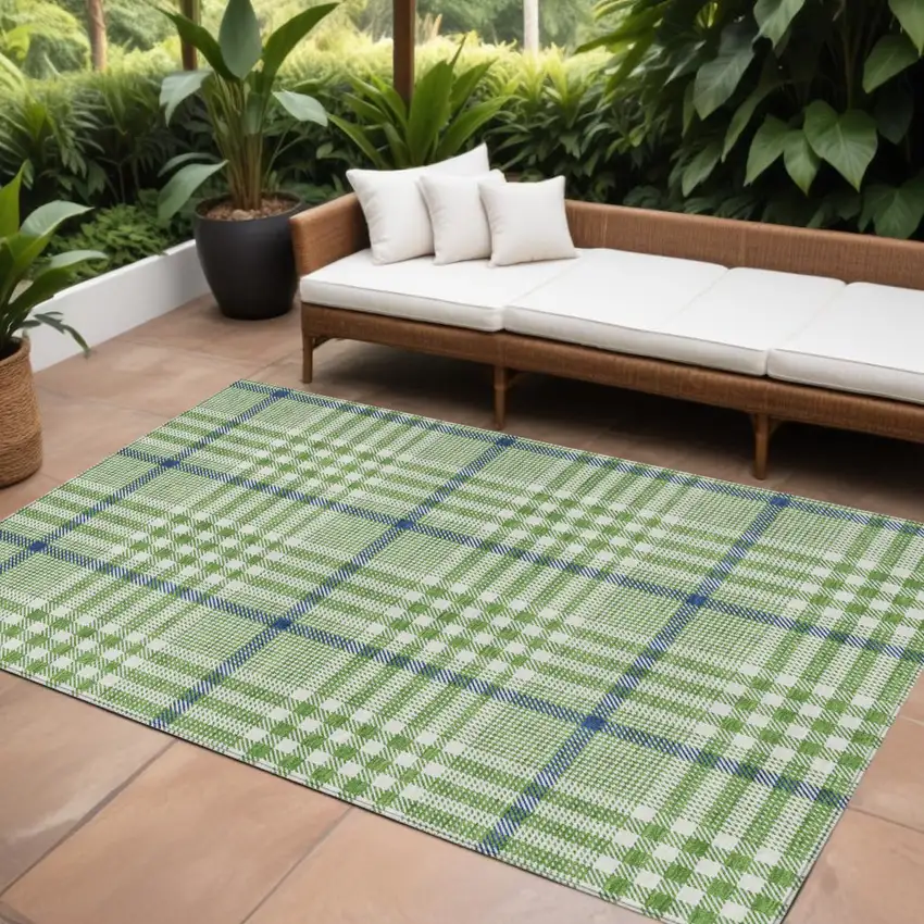 Green And Ivory Plaid Washable Indoor Outdoor Area Rug Photo 1