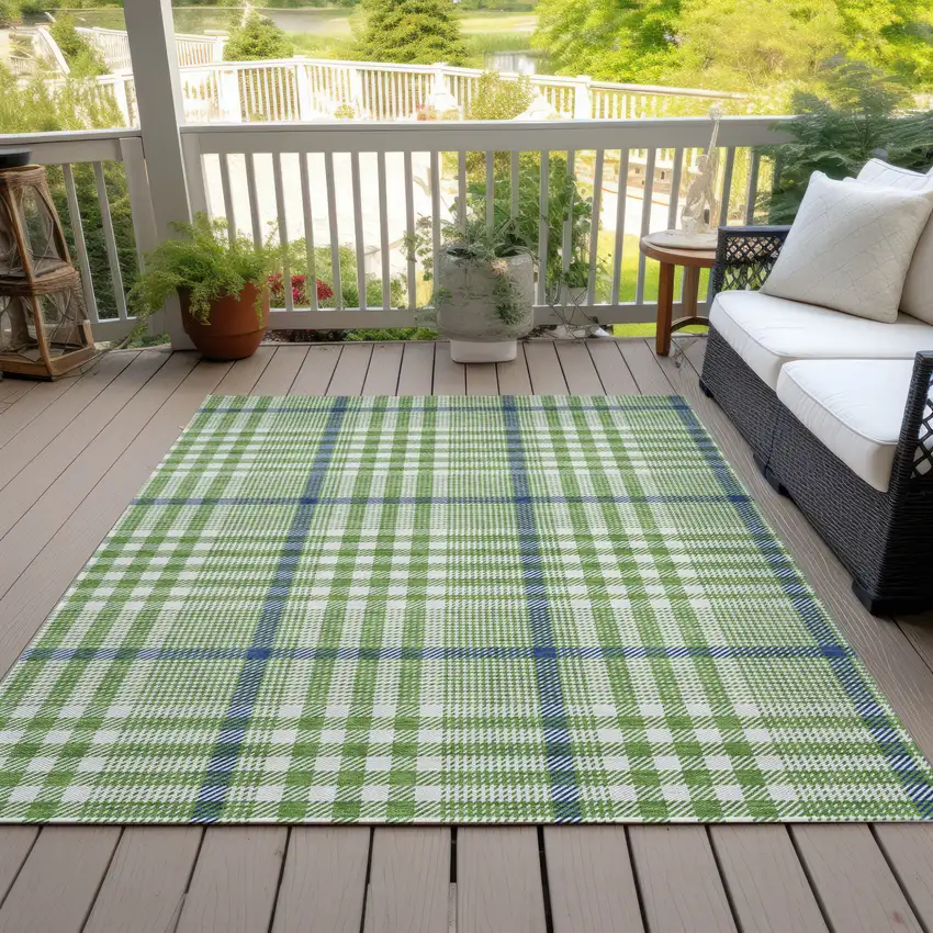 Green And Ivory Plaid Washable Indoor Outdoor Area Rug Photo 7