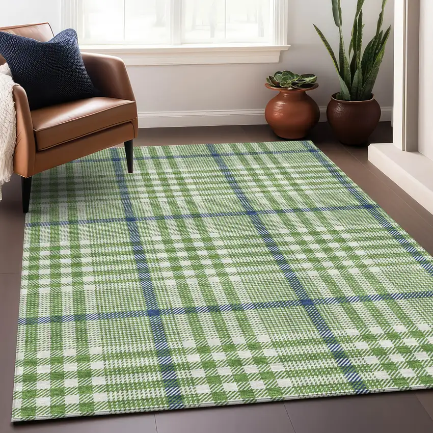 Green And Ivory Plaid Washable Indoor Outdoor Area Rug Photo 8