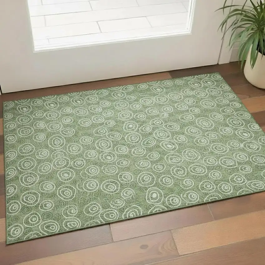 Green And Ivory Polka Dot Washable Area Rug With UV Protection Photo 1