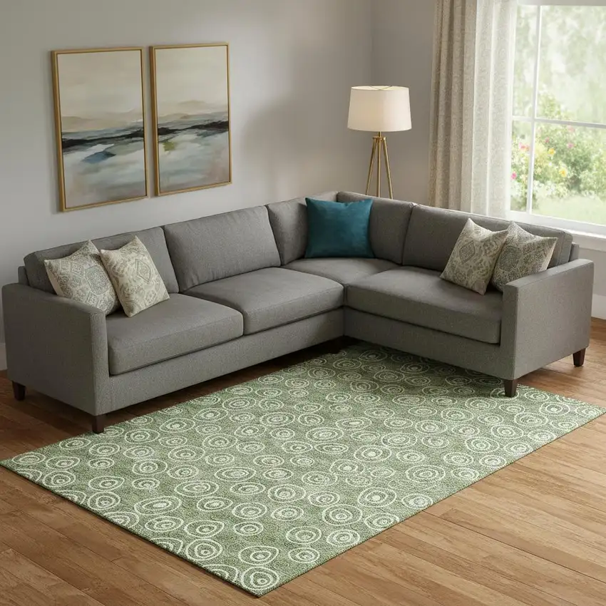 Green And Ivory Polka Dot Washable Area Rug With UV Protection Photo 1