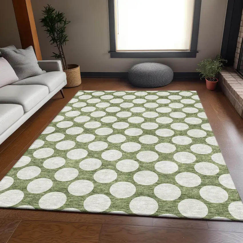 Green And Ivory Polka Dot Washable Area Rug With UV Protection Photo 6