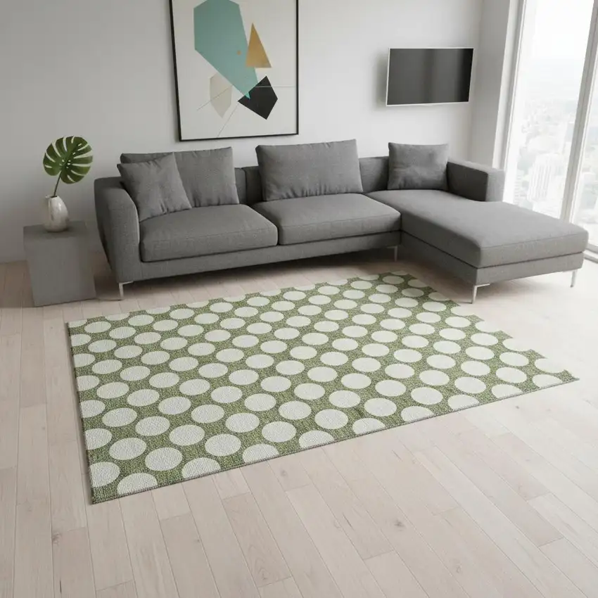 Green And Ivory Polka Dot Washable Area Rug With UV Protection Photo 2