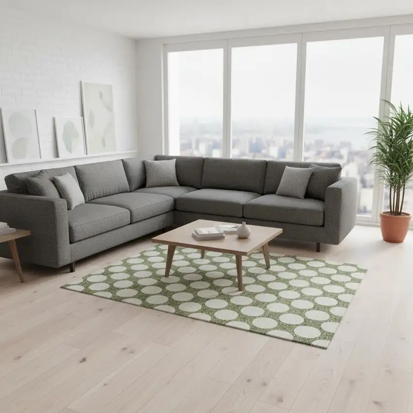 Green And Ivory Polka Dot Washable Area Rug With UV Protection Photo 2