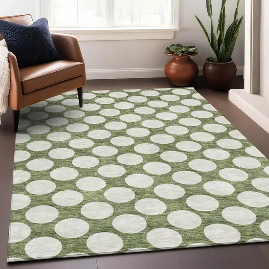 Green And Ivory Polka Dot Washable Area Rug With UV Protection Photo 5