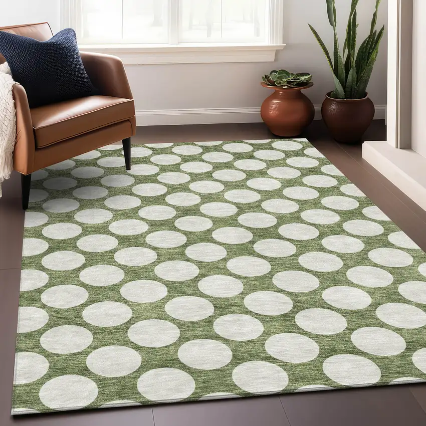 Green And Ivory Polka Dot Washable Area Rug With UV Protection Photo 5