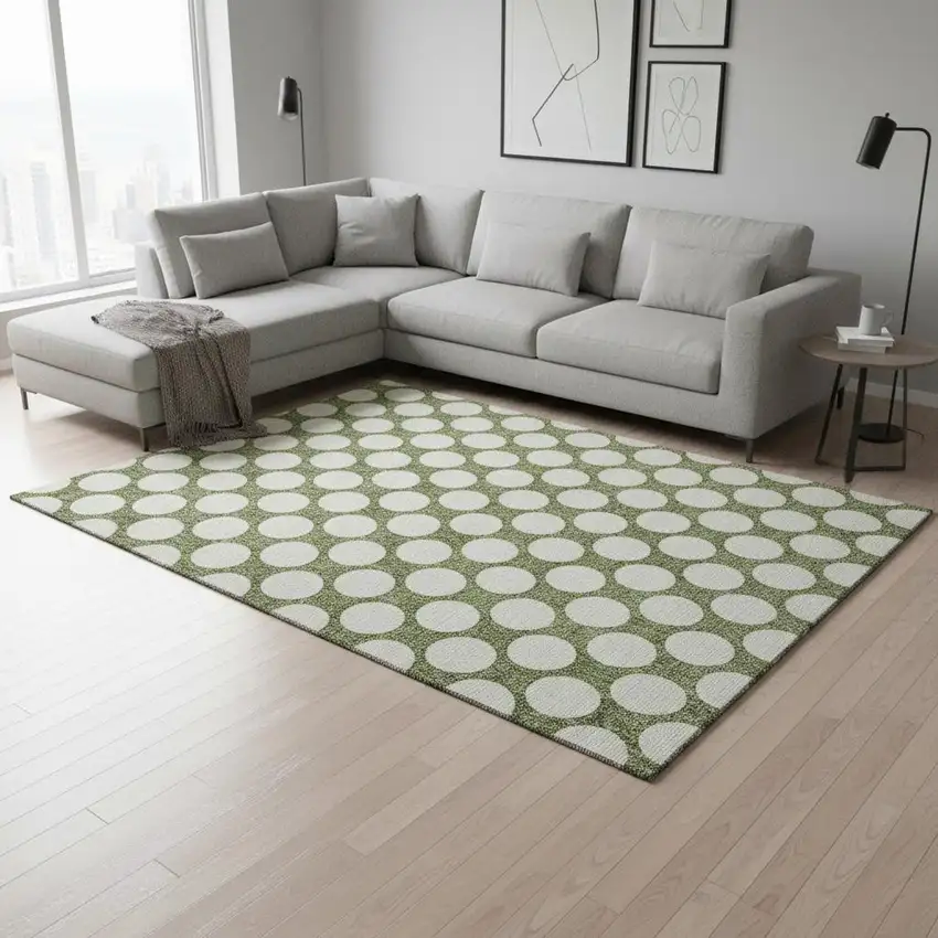 Green And Ivory Polka Dot Washable Area Rug With UV Protection Photo 2