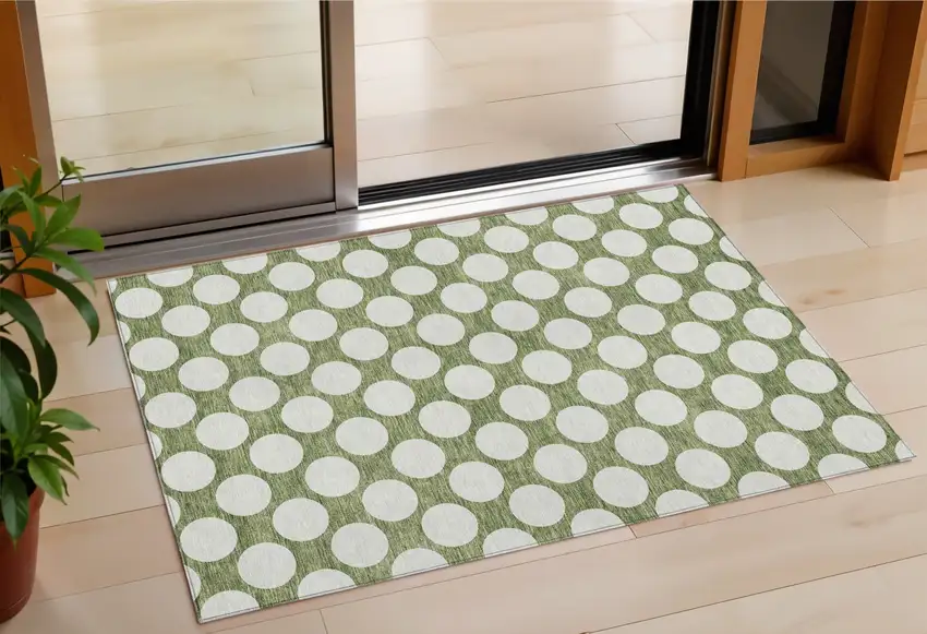 Green And Ivory Polka Dot Washable Indoor Outdoor Area Rug Photo 1