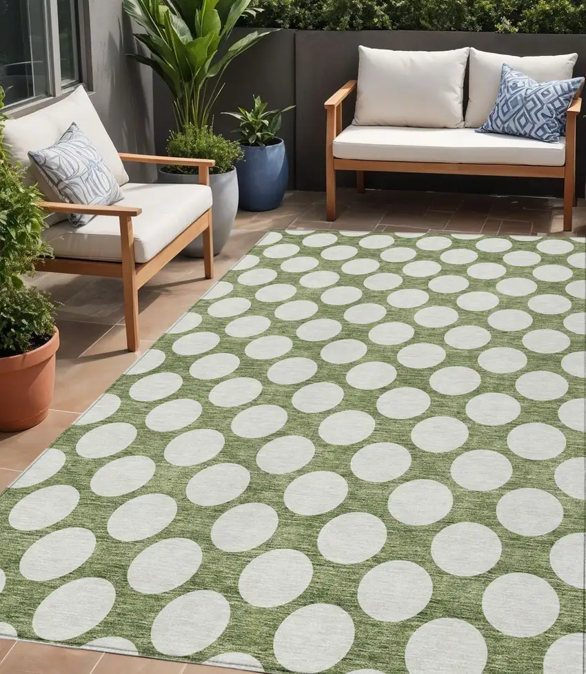 Green And Ivory Polka Dot Washable Indoor Outdoor Area Rug Photo 1