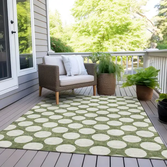 Green And Ivory Polka Dot Washable Indoor Outdoor Area Rug Photo 8