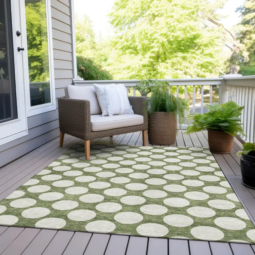 Green And Ivory Polka Dot Washable Indoor Outdoor Area Rug Photo 8