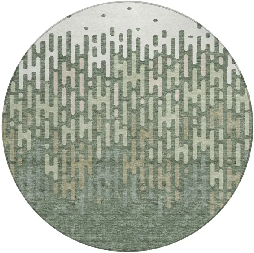 Green And Ivory Round Abstract Washable Indoor Outdoor Area Rug Photo 1