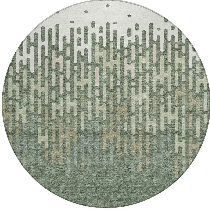 Green And Ivory Round Abstract Washable Indoor Outdoor Area Rug Photo 3