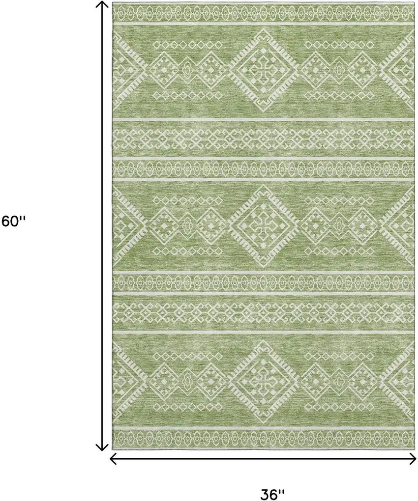 Green And Ivory Southwestern Washable Area Rug With UV Protection Photo 3