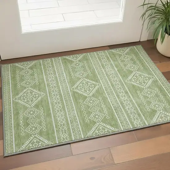 Green And Ivory Southwestern Washable Area Rug With UV Protection Photo 2