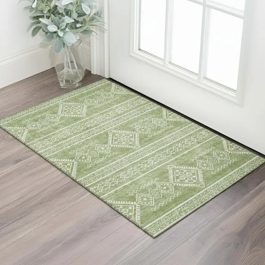 Green And Ivory Southwestern Washable Area Rug With UV Protection Photo 1