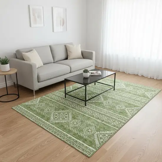 Green And Ivory Southwestern Washable Area Rug With UV Protection Photo 2