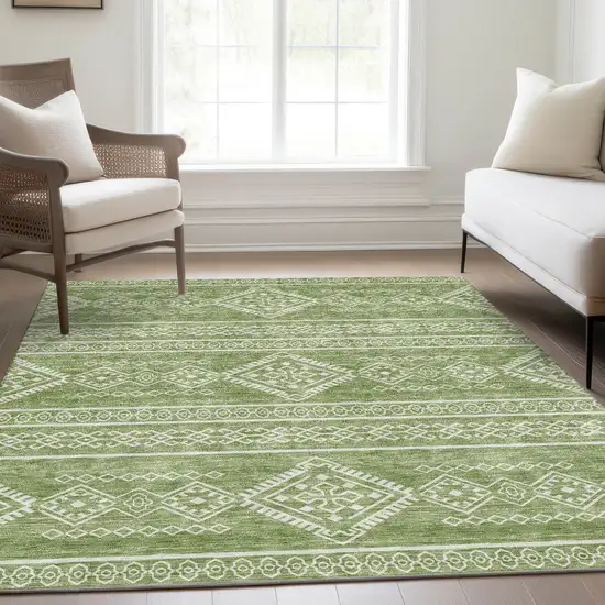 Green And Ivory Southwestern Washable Area Rug With UV Protection Photo 6