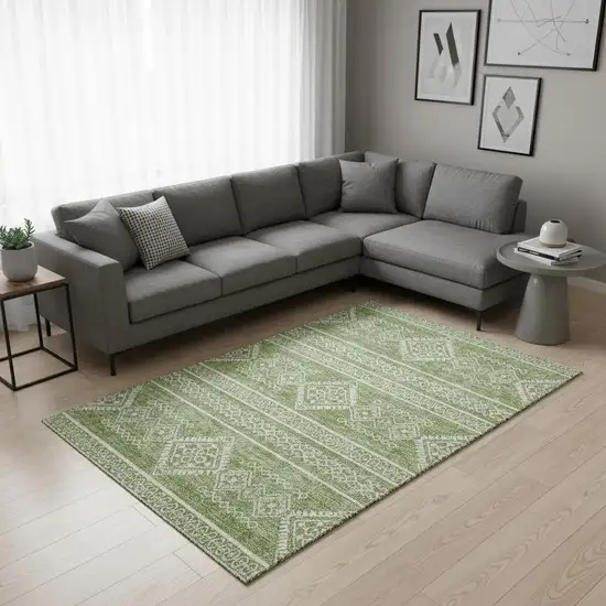 Green And Ivory Southwestern Washable Area Rug With UV Protection Photo 2