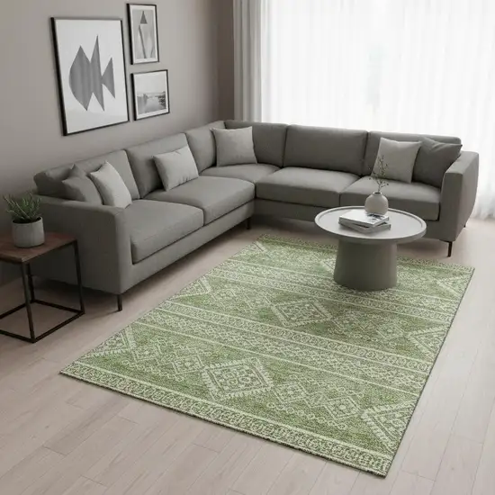Green And Ivory Southwestern Washable Area Rug With UV Protection Photo 2