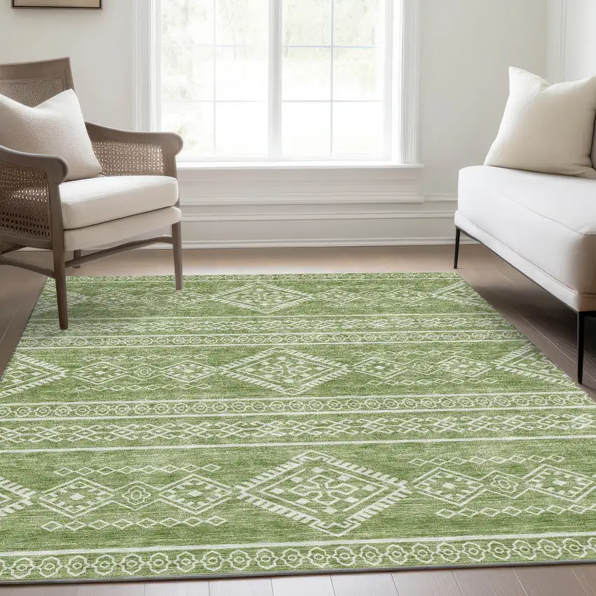 Green And Ivory Southwestern Washable Area Rug With UV Protection Photo 6