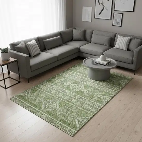 Green And Ivory Southwestern Washable Area Rug With UV Protection Photo 2