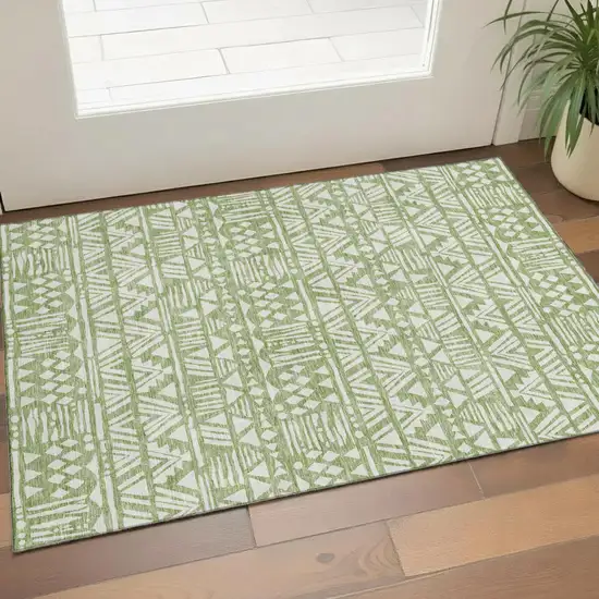 Green And Ivory Southwestern Washable Area Rug With UV Protection Photo 1
