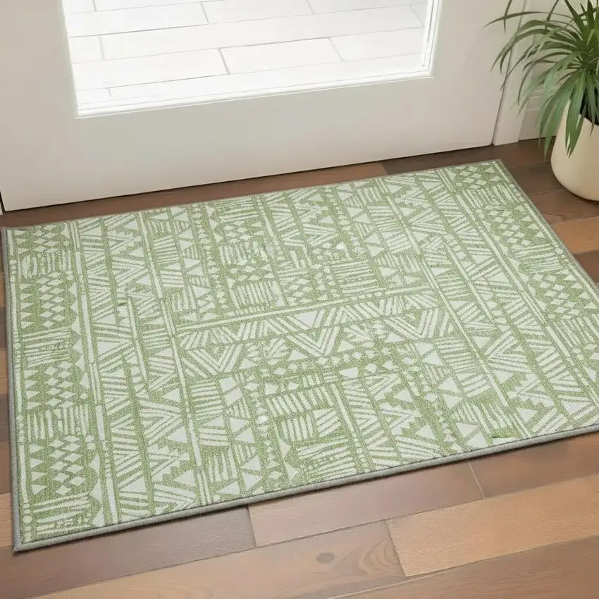 Green And Ivory Southwestern Washable Area Rug With UV Protection Photo 2