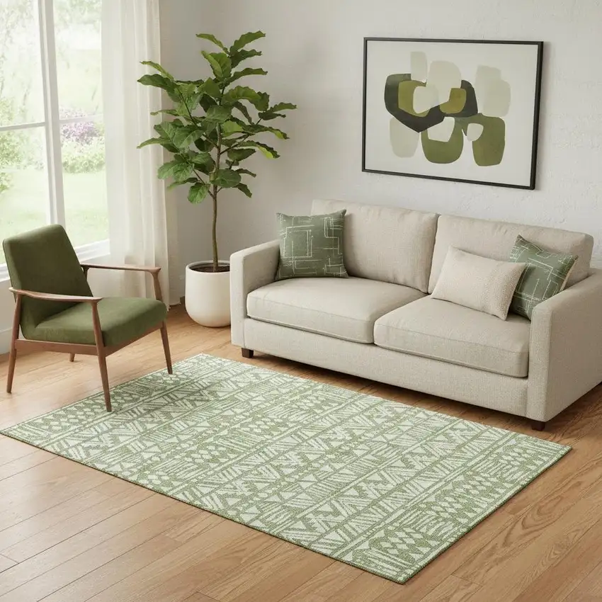 Green And Ivory Southwestern Washable Area Rug With UV Protection Photo 1