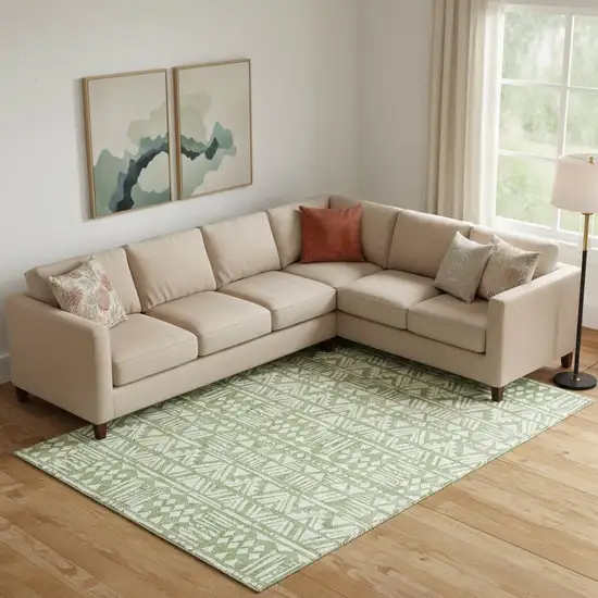 Green And Ivory Southwestern Washable Area Rug With UV Protection Photo 1