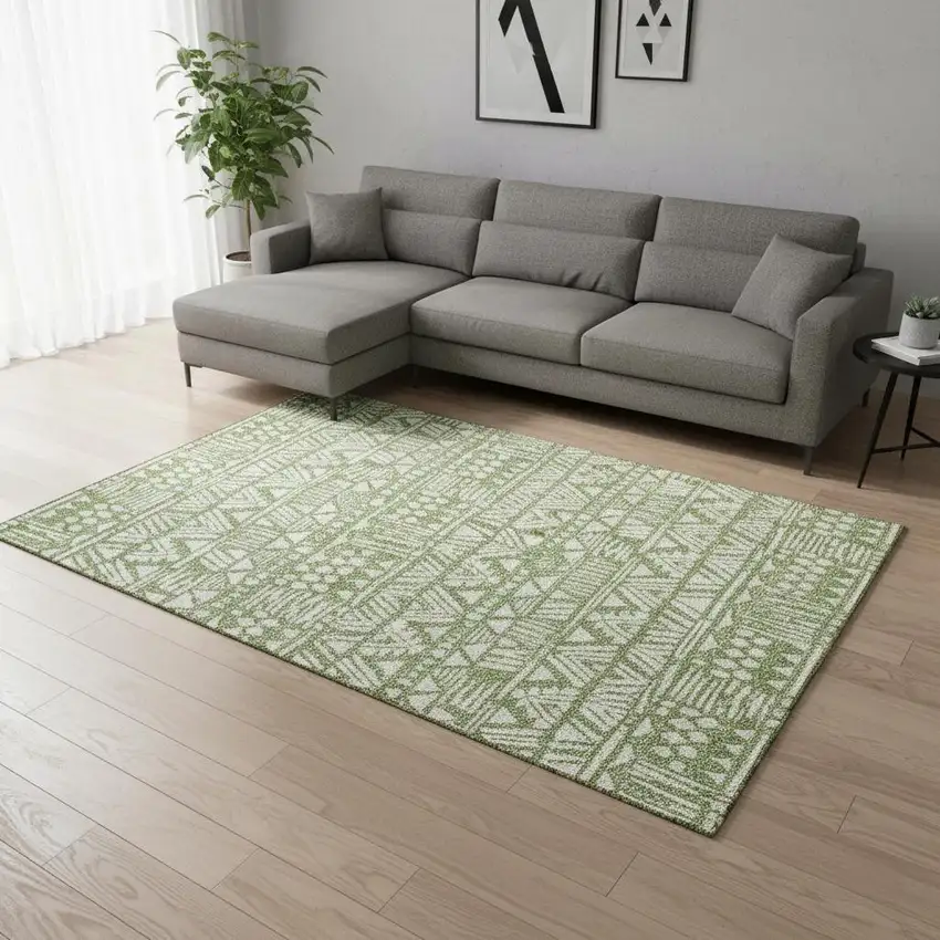 Green And Ivory Southwestern Washable Area Rug With UV Protection Photo 2