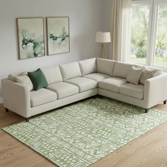 Green And Ivory Southwestern Washable Area Rug With UV Protection Photo 1