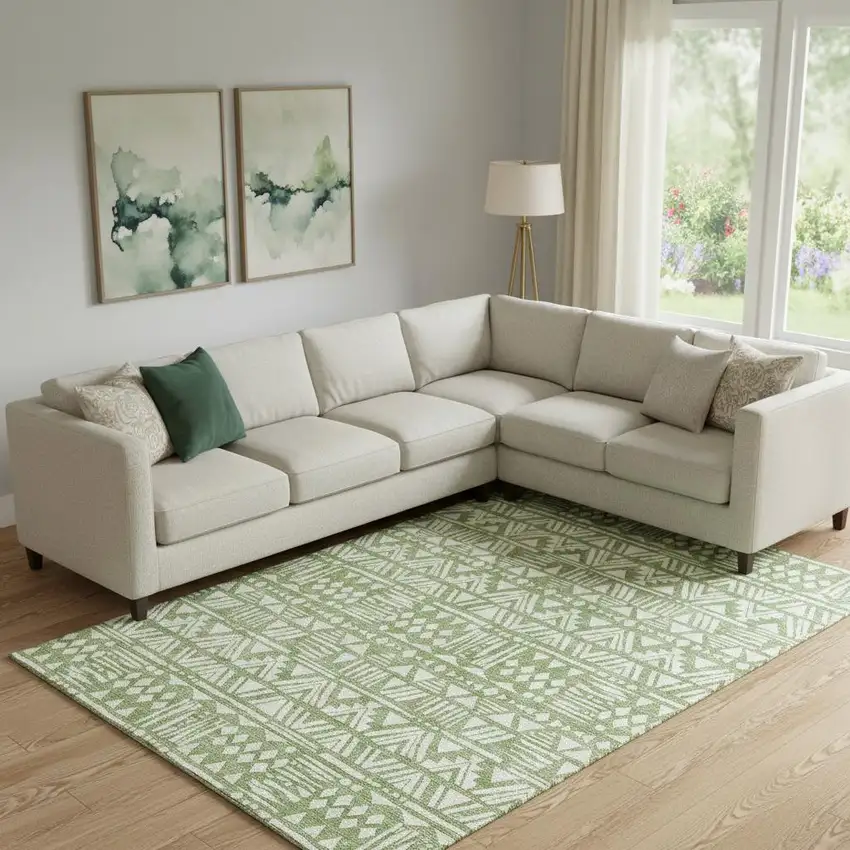 Green And Ivory Southwestern Washable Area Rug With UV Protection Photo 1