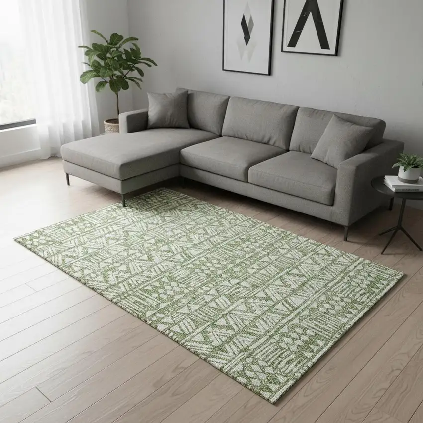 Green And Ivory Southwestern Washable Area Rug With UV Protection Photo 2